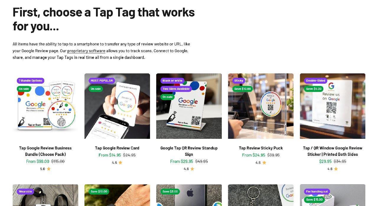 Tap Tag's review-product page on taptag.shop, captured October 21, 2026. The prices and star ratings shown are the store's own.