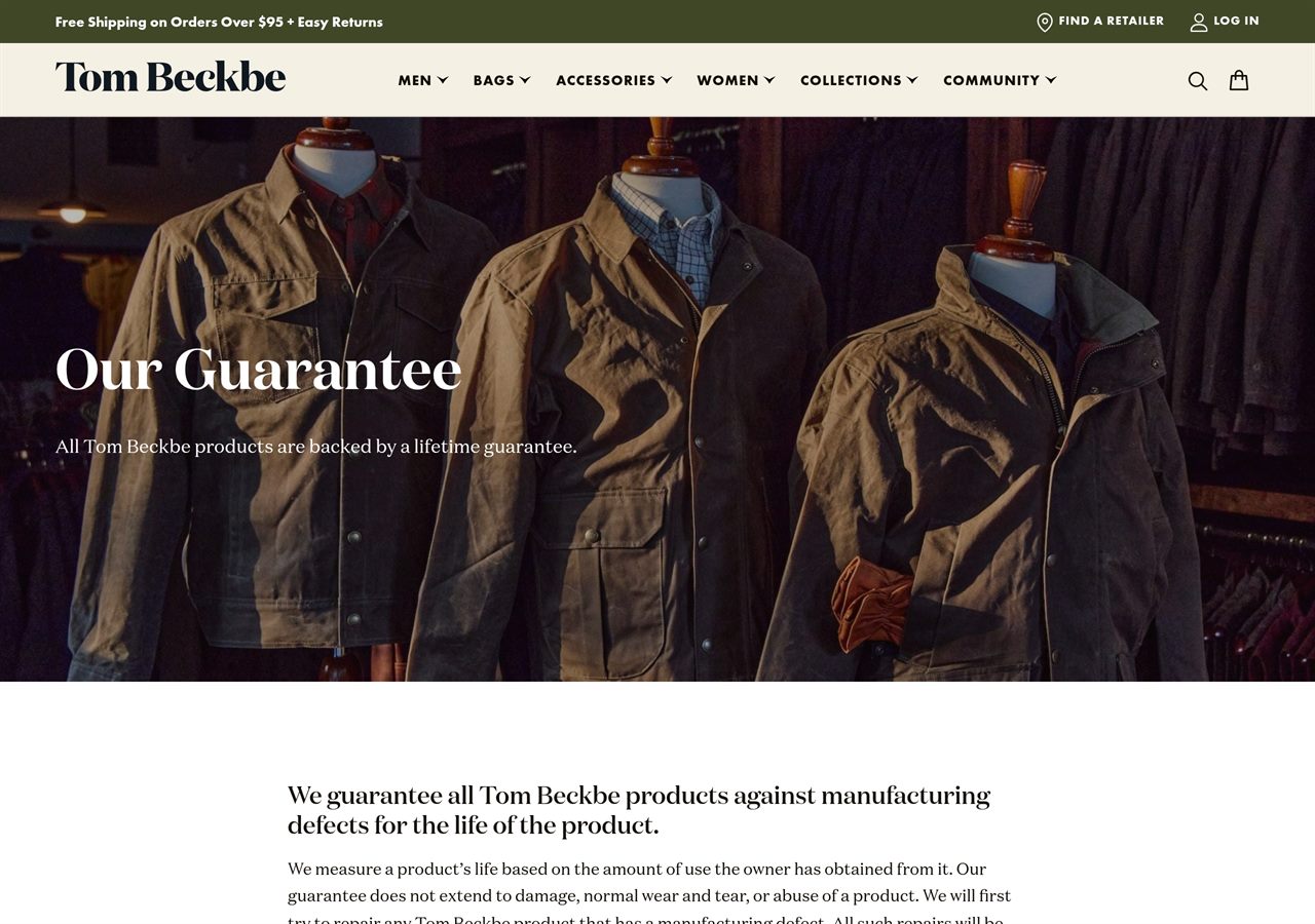 The Our Guarantee page on tombeckbe.com, captured October 13, 2026. The policy text quoted in this section sits below the hero image.