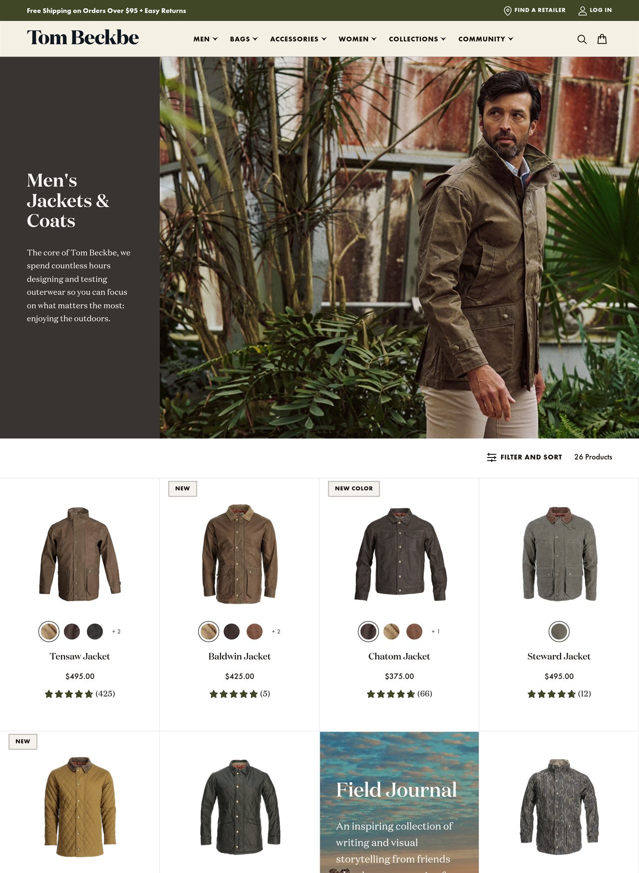 Tom Beckbe's Men's Jackets & Coats collection page on tombeckbe.com, captured October 13, 2026. The prices shown match the store's own product data read October 15, 2026.